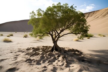 Green tree growing in the middle of the desert realism