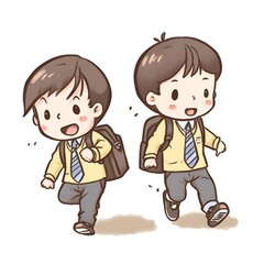 Illustration of kids running to school with briefcases isolated on white background