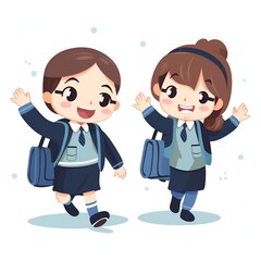 Illustration of kids running to school with briefcases isolated on white background