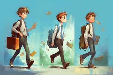 Seth boy going to school with briefcases - obrazy, fototapety, plakaty