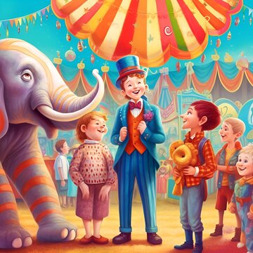 Circus, elephant and people illustration, funny kids in the circus