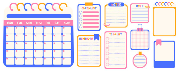 Kawaii calendar, to-do list, checklist, reminder and notes for organizer. Set of blank paper notes template or cute stickers for planner.