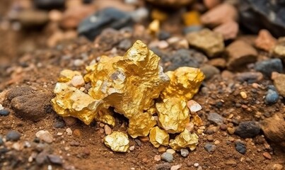 Closeup of natural gold nugget with small pices scattered around