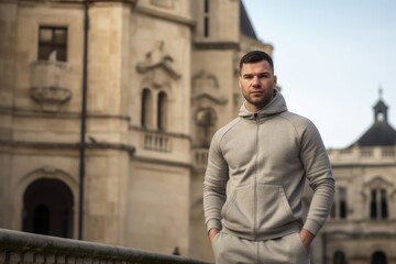 Fototapeta na wymiar Handsome young man in hoodie standing in front of church