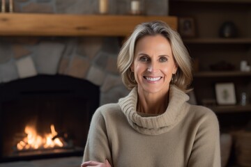 Fototapeta na wymiar Portrait of a beautiful mature woman in front of fireplace at home