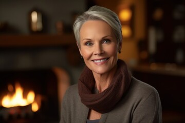 Portrait of beautiful senior woman in warm clothes near fireplace at home