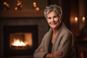 Fototapeta na wymiar Portrait of smiling senior woman standing in front of fireplace at home