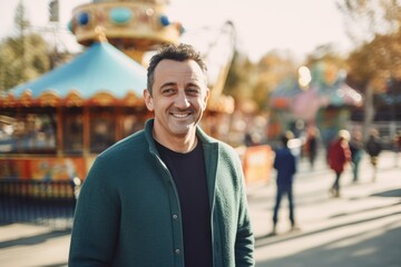 Naklejka premium Portrait of a smiling man in a green coat at the amusement park
