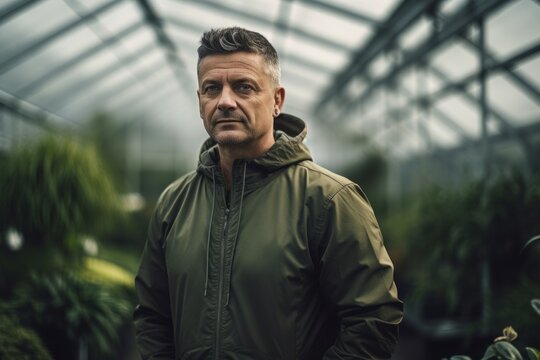 Lifestyle portrait photography of a pleased man in his 40s wearing a comfortable tracksuit against a greenhouse or glasshouse background. Generative AI