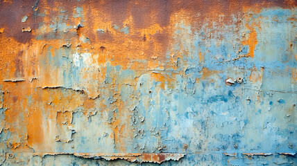 Old metal wall, weathered by time and painted in an abstract mix of blue, green, yellow, and orange, background wallpaper.