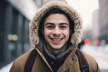 portrait of smiling young man in winter coat looking at camera in city