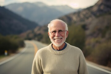 Portrait of a senior man standing on the road in the mountains