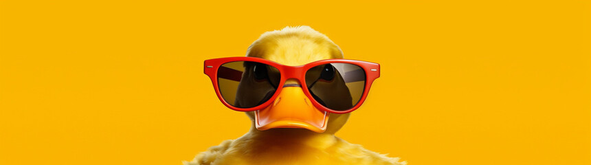 Funny duck in sunglasses in trendy style on colorful background. Portrait pet summer. Pet care, generated AI Generative AI