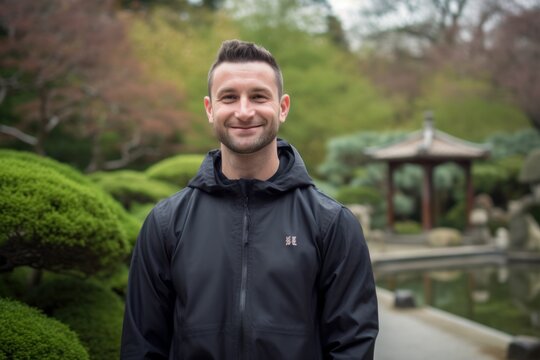 Medium shot portrait photography of a grinning man in his 30s wearing a comfortable tracksuit against a japanese garden or zen background. Generative AI