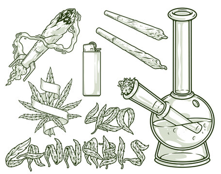 Marijuana cannabis monochrome set logotype
