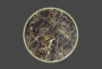 Top view of black yellow marble board texture isolated on dark gray background with copy space for text, concrete kitchen table, cooking tray material.