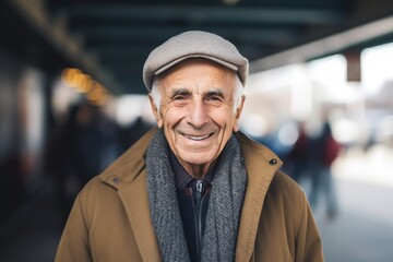 Portrait of smiling senior man in beret and coat at subway station