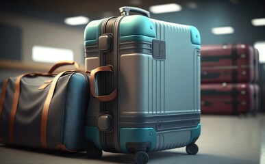 A suitcase with a blue handle sits on a table in a room with other luggage.