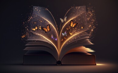 A book with a glowing pages and butterflies flying around it.