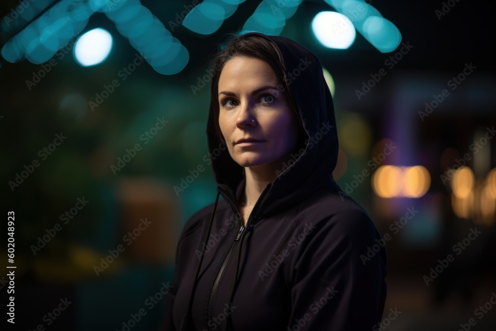 Wall mural Portrait of a beautiful young woman in hoodie at night.