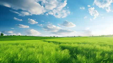 Fototapeta premium Green field and blue sky with clouds. Beautiful 3d rendering nature background for copy space.