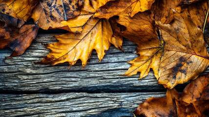 Orange brown fallen leaves scattered on an old, cracked wooden surface, seasonal background wallpaper.