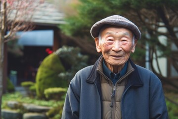 Elderly Japanese man smiling and looking at camera in the garden