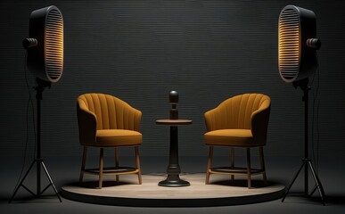 A microphone and two chairs are next to each other in front of a black background.