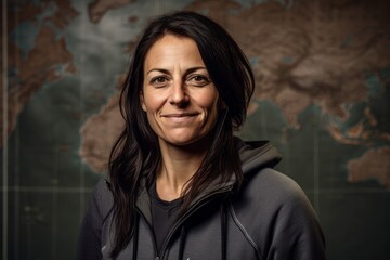 Portrait of a middle-aged woman on a world map background