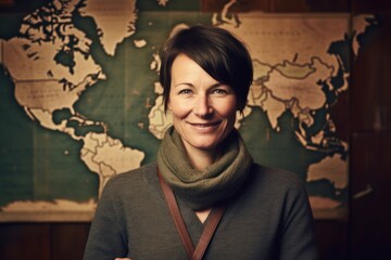 Portrait of a smiling senior woman in front of a world map