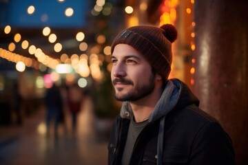 Portrait of a handsome young man on the street at night.