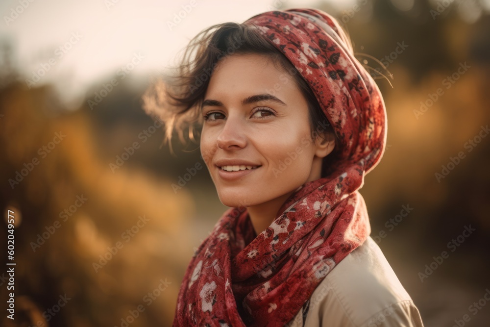 Wall mural lifestyle portrait photography of a cheerful woman in her 30s wearing a foulard against a countrysid