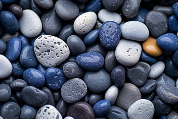 Small, wet pebbles in shades of gray and blue, texture background wallpaper.