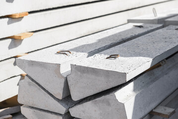 Reinforced concrete steps close-up, used in the construction of buildings for the device of prefabricated flights of stairs.