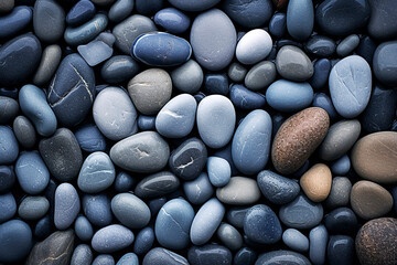 Fototapeta na wymiar Small, wet pebbles in shades of gray and blue, texture background wallpaper.