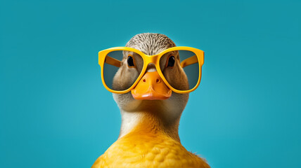 Funny duck in sunglasses in trendy style on colorful background. Portrait pet summer. Pet care, generated AI Generative AI