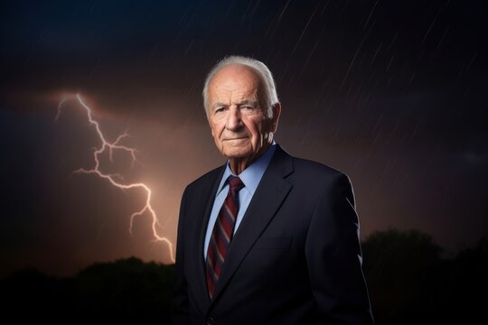 Medium shot portrait photography of a grinning man in his 80s wearing a sleek suit against a lightning storm or thunderstorm background. Generative AI