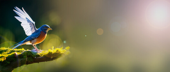 Natural background and a small blue bird perched on a branch with a small moss tree, covered in the forest by water against the yellow light of the background of the spring morning sun. 3D rendering