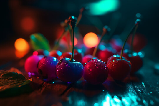 Magenta cherry berry in water drops, whimsical, neon lighting.