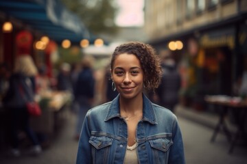 Fototapeta premium Portrait of a beautiful young african american woman with curly hair, wearing a denim jacket, standing in a street cafe.