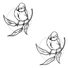 Vector illustration of a titmouse on a twig. A branch with leaves and a bird.