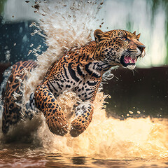 Jaguar running in a river Generative AI