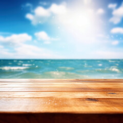 Fototapeta na wymiar Wood table top on blur sparkling sea water