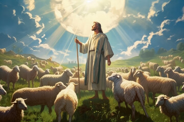 Image of Shepherd Jesus Christ leading the sheep and praying to God , Generative Ai Technology