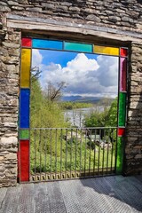 Claife Viewing Station stained glass colorful window view 