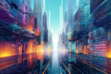 A futuristic vision of a modern city, vibrant colors. Concept of colorfull big city with amazing view. Generative AI.