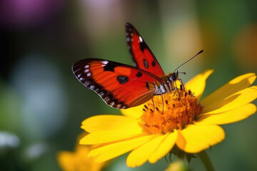 A beautiful butterfly resting on a flower, enjoying the sunshine and sipping nectar. Generative AI, AI.
