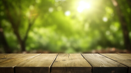 A wooden table with a green leafy background