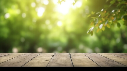 Naklejka na ściany i meble A wooden table with a green leafy background