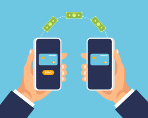 Mobile money transfer. Online payment between two smartphones. Banking app template. Hand holds smartphone and sending and receiving moneys wireless. Vector illustration in trendy flat style.